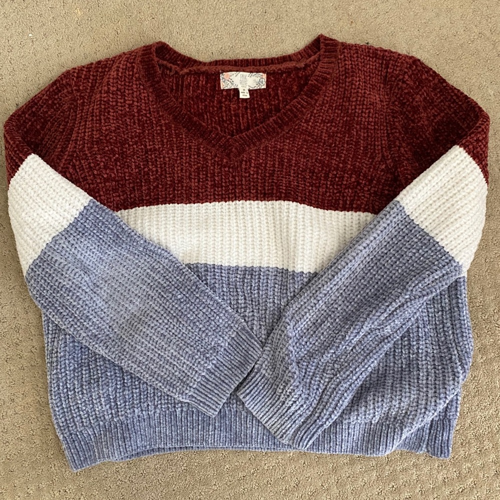 Burgundy, white, & gray striped long sweater